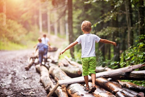 Tre små børn går på træstammer i en skov i Norden.