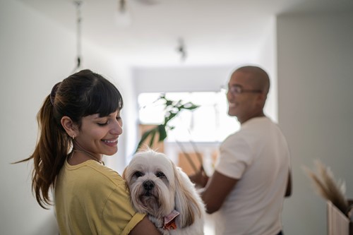 En kvinna som bär sin hund och hennes man bär på Alfa-flyttkartonger och som flyttar in i sin nya lägenhet.