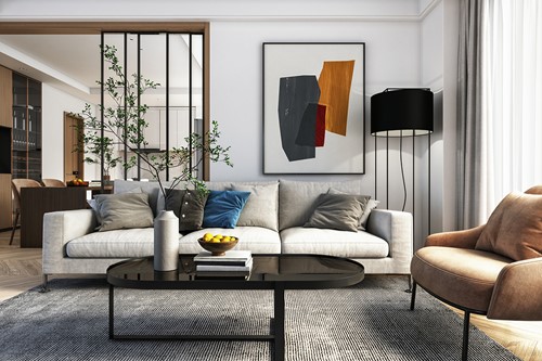 Möblerad lägenhet i skandinavisk stil med grå, brun och svart färgkoordinering.